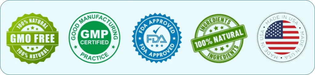 Oradentum dental supplement certifications including GMO-free, GMP certified, FDA approved, 100% natural ingredients, and Made in USA