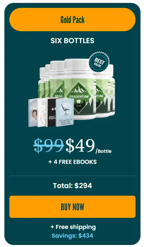 Oradentum Gold Pack – Six bottles for $49 each, plus 4 free eBooks and free shipping